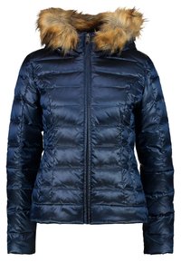 Laivastonsininen toppatakki tikatulla kuviolla, jossa on huppuun keinoturkisreuna ja täyspitkä vetoketju. Materiaali on kiiltävä ja sileä.