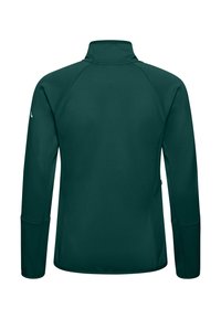 Giacca pullover verde scuro con colletto alto, maniche lunghe e finitura testurizzata. Presenta maniche raglan e un design aderente.