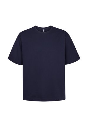 Camiseta de algodón azul marino con escote redondo, mangas cortas y corte holgado. Textura suave y diseño minimalista sin estampados ni acentos.
