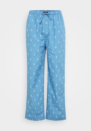 Light blue pajama pants made of cotton, featuring a white repeated polo logo pattern, elastic waistband, and drawstring tie.
