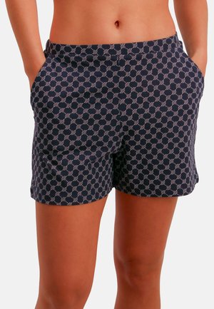 Navy shorts with a geometric pattern in white, featuring side pockets and a smooth, lightweight fabric.