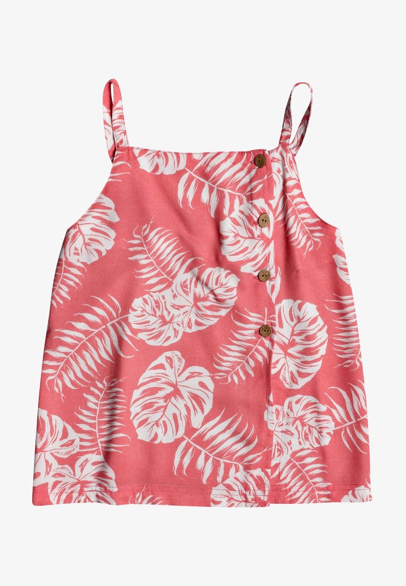 Robe rose corail sans manches avec imprimé de feuilles tropicales blanches, dotée de fines bretelles et d’une rangée frontale de boutons en bois marron.