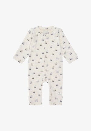 Beige children's romper with long sleeves, featuring a tractor pattern and a textured fabric. Includes a round neckline and cuffed legs.
