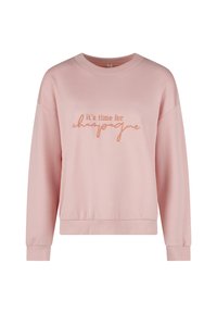Roze sweatshirt van zacht materiaal met lange mouwen en een ronde hals. Voorzien van geborduurde tekst "het is tijd voor champagne" in metallic oranje.