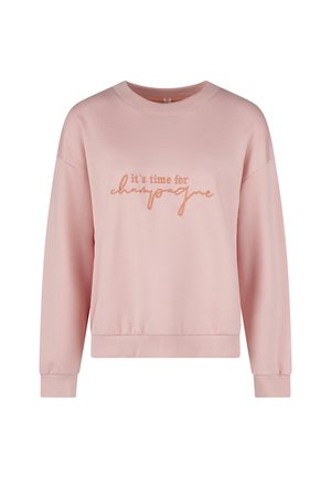 Roze sweatshirt van zacht materiaal met lange mouwen en een ronde hals. Voorzien van geborduurde tekst "het is tijd voor champagne" in metallic oranje.
