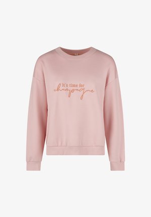 Roze sweatshirt van zacht materiaal met lange mouwen en een ronde hals. Voorzien van geborduurde tekst "het is tijd voor champagne" in metallic oranje.