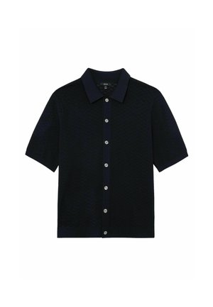 Black short-sleeve knit polo shirt with a button-down front and a solid collar.