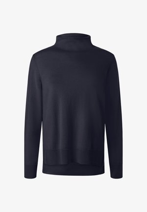 Navyblauwe coltrui, lange mouwen, zachte gebreide stof, relaxte pasvorm, ribbels aan de mouwen en onderkant, minimalistisch ontwerp, geen zichtbare patronen.