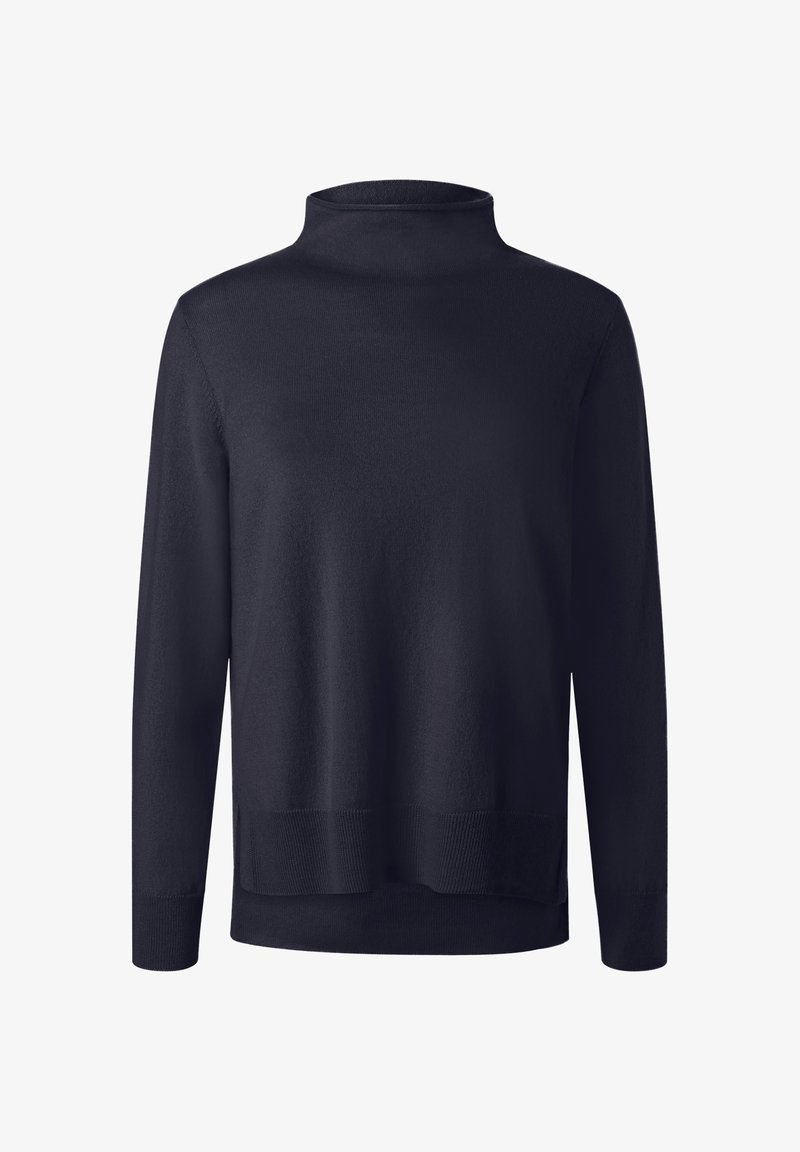 Marinblå polotröja, långa ärmar, mjukt stickat tyg, avslappnad passform, ribbade mudd och nederkant, minimalistisk design, inga synliga mönster.