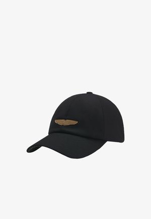 Black baseball cap made of fabric, featuring a brown Aston Martin logo patch on the front and a curved brim.