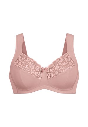 Soutien-gorge rose avec des détails en dentelle sur le haut des bonnets, des sections inférieures à texture lisse, des bretelles larges et un nœud central en accent.