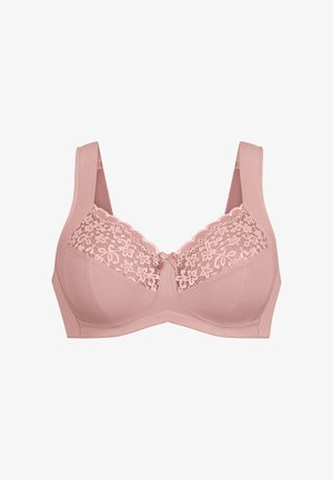 Soutien-gorge rose avec des détails en dentelle sur le haut des bonnets, des sections inférieures à texture lisse, des bretelles larges et un nœud central en accent.