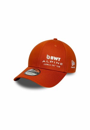 Orange adjustable baseball cap with BWT Alpine Formula One Team logo and New Era branding on the side.