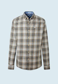 Camicia a maniche lunghe con bottoni in un leggero motivo a quadri grigio, blu navy e arancione. Presenta una tasca sul petto e un colletto a contrasto.