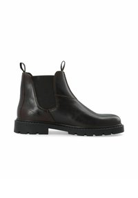 Botas Chelsea de cuero marrón con paneles elásticos en los laterales, lengüetas para tirar y una suela de goma negra texturizada con diseño de relieve.