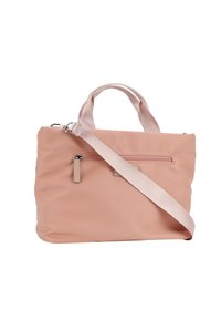 Borsa sintetica rosa con due manici superiori e una tracolla removibile. Presenta una tasca con cerniera anteriore e una texture liscia.