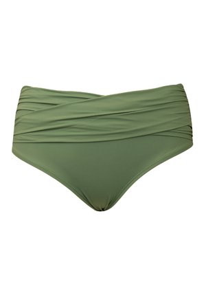 Green high-waisted bikini bottoms with a twisted, ruched design at the waistband on a white background.