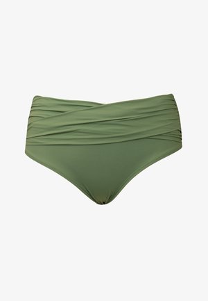 Green high-waisted bikini bottoms with a twisted, ruched design at the waistband on a white background.