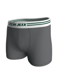 Šedé boxerky s měkkou texturou, s bílým a zeleným páskem s nápisem "NY JETS" a horizontálními akcentními pruhy.