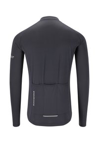 Maillot de cyclisme à manches longues en matériau gris foncé. Présente un design ajusté, des poches arrière, un accent réfléchissant et une texture lisse.