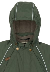 Žalios spalvos gobtuvu su fleece pamušalu, su baltais akcentais, auksiniais spaudėmis mygtukais ir neopreno tipo medžiaga viduje.