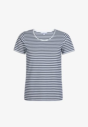 Gestreept T-shirt met marineblauwe en witte horizontale strepen, korte mouwen, een ronde halslijn en een zachte, ademende stof.