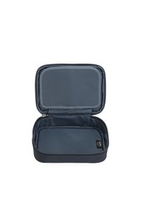 Kompakt, rektangulär, mörkgrå väska med dragkedjestängning. Insidan har ett slätt foder och en avdelare. Lättviktsdesign.