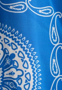 Bandana blu con motivi paisley e floreali bianchi, con dettagli intricati in linea in tutto il tessuto. Texture del tessuto liscia.