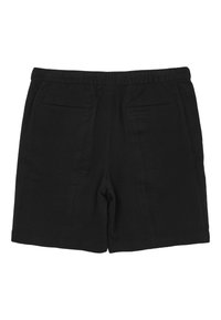 Shorts neri in tessuto presentano una superficie testurizzata, una vita elastica e due tasche posteriori con cuciture sottili.
