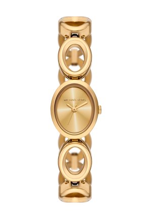 Reloj de pulsera para mujer Michael Kors en tono dorado, con cara ovalada, esfera minimalista y diseño de brazalete ovalado abierto y unido.