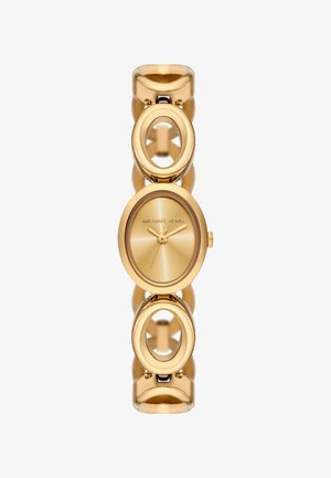 Reloj de pulsera para mujer Michael Kors en tono dorado, con cara ovalada, esfera minimalista y diseño de brazalete ovalado abierto y unido.