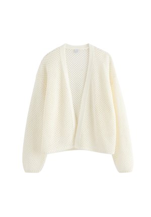 Flødefarvet åben front strikket cardigan med lange ærmer og et struktureret, luftigt mønster.