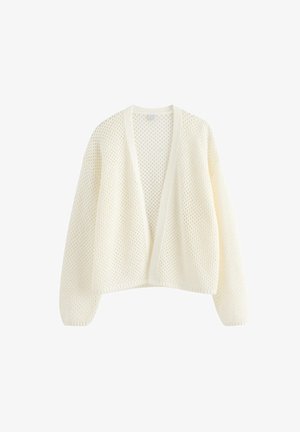 Flødefarvet åben front strikket cardigan med lange ærmer og et struktureret, luftigt mønster.