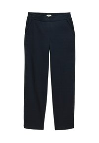 Pantalons larges bleu marine foncé en tissu texturé. Dispose d'une taille élastique et de poches latérales. Design à coupe droite.