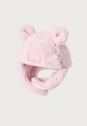 Cappellino per neonato in pile rosa morbido con paraorecchie e orecchie da orso, con patch logo The North Face cucito sul davanti.