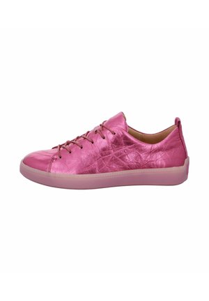 Pink leather sneaker with a shiny finish, round toe, lace-up front, and a translucent rubber sole. Features a smooth texture with minor creasing.