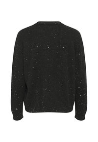 Schwarzer Pullover mit einem funkelnenden Sternenmuster, Stricktextur, Rundhalsausschnitt und langen Ärmeln. Glattes Material mit lockerer Passform.