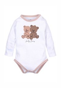 Witte lange mouwen rompertje met beige afwerking, met twee cartoonberen in tinten bruin en de tekst "Lieve Beren" eronder.