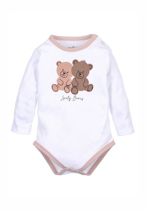 Witte lange mouwen rompertje met beige afwerking, met twee cartoonberen in tinten bruin en de tekst "Lieve Beren" eronder.