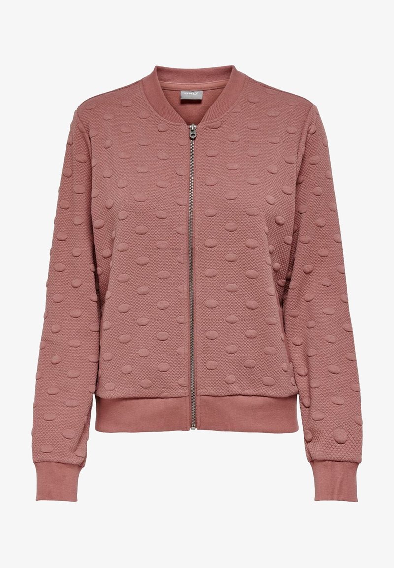 Veste mauve zippée avec texture à pois en relief, poignets et ourlet côtelés, et col rond.