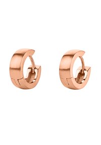 Orecchini a cerchio in oro rosa con una finitura liscia e opaca. Forma circolare con chiusura a cerniera, caratterizzati da un design minimale e linee pulite.