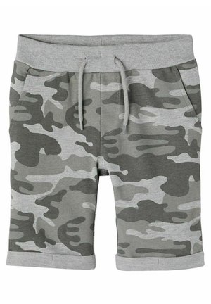 Grå og mørkegrå camouflagemønstrede shorts med ribbet taljebånd, snor, sidelommer og opkrogede kanter.