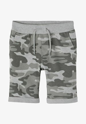 Shorts à motif camouflage gris et gris foncé avec taille côtelée, cordon de serrage, poches latérales et ourlets roulés.