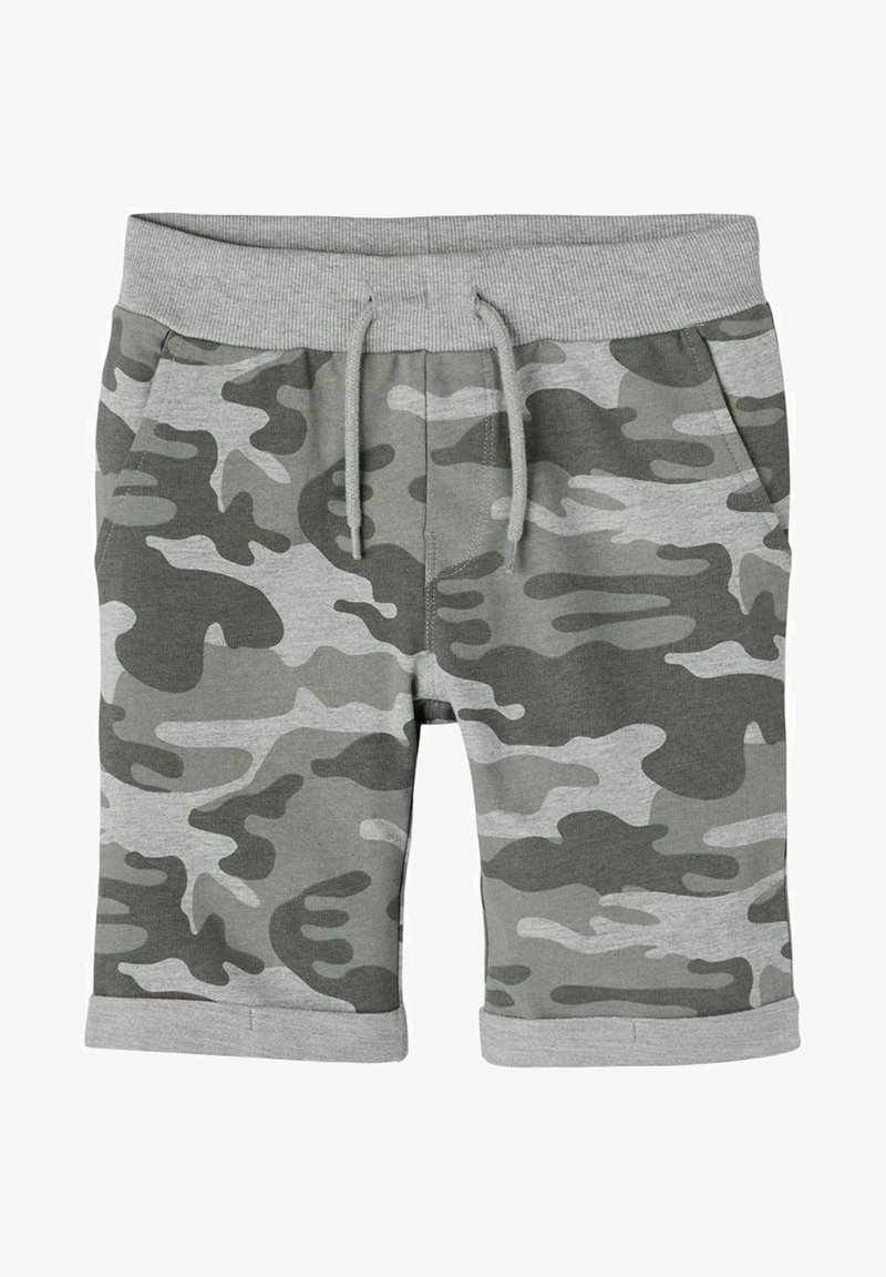 Shorts à motif camouflage gris et gris foncé avec taille côtelée, cordon de serrage, poches latérales et ourlets roulés.
