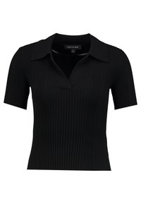 Svart randig kortärmad topp med krage och V-ringning, som har ett texturerat tyg och en figurnära silhuett. Etikett synlig inuti kragen.