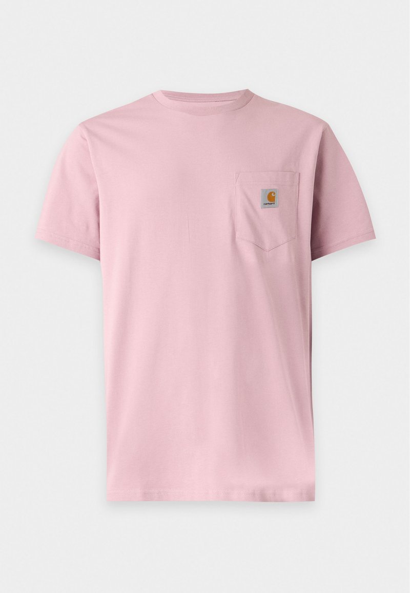 Plain pink short-sleeve t-shirt with a chest pocket featuring a small rectangular Carhartt logo patch.