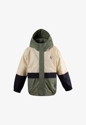 Kapuze Windjacke mit beigem Oberteil, schwarzem Mittelteil, olivgrünen Bereichen und einem kleinen Pinguin-Logo auf der Brust.