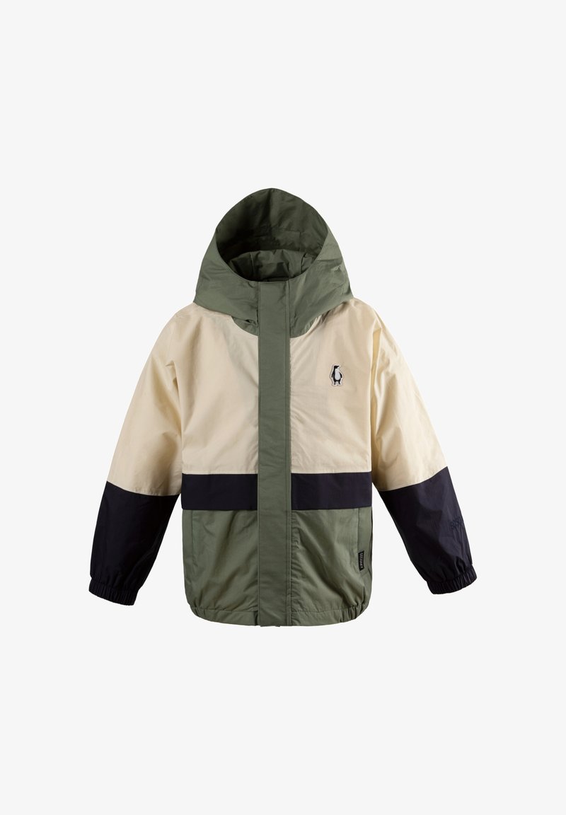Kapuze Windjacke mit beigem Oberteil, schwarzem Mittelteil, olivgrünen Bereichen und einem kleinen Pinguin-Logo auf der Brust.