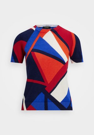 Multicolored short-sleeve sweater featuring abstract geometric patterns in red, blue, navy, and white; round neckline and smooth texture.