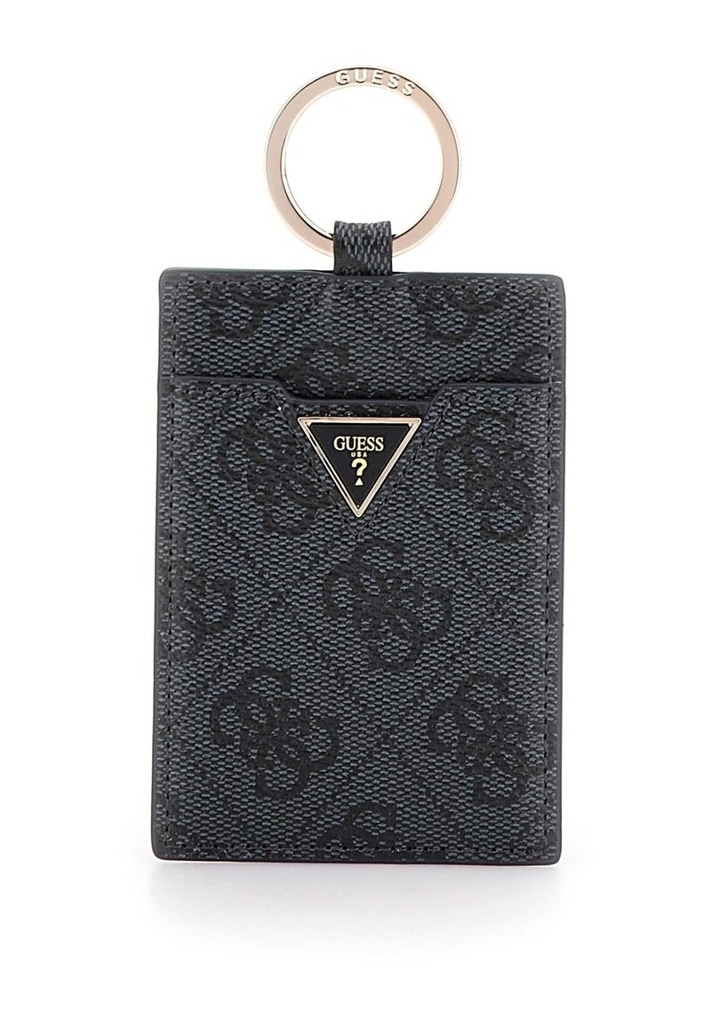 Zwart, gestructureerd kaartjeshouder met een geometrisch patroon, voorzien van een gouden ring en een driehoekige logo-plaat aan de voorkant.